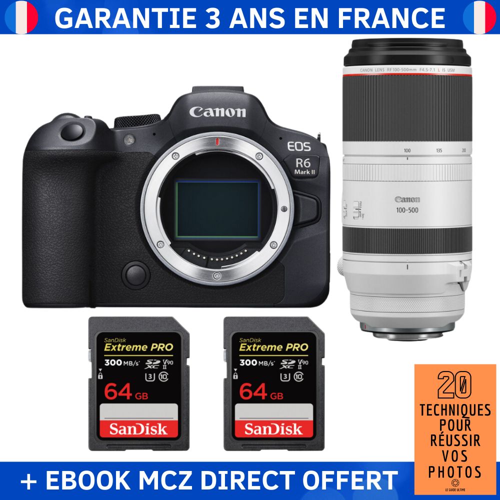 Canon EOS R6 Mark II + RF 100 500mm f4.5 7.1 IS USM + 2 SanDisk Extreme PRO UHS II SDXC 300 MB/ + Ebook '20 Techniques pour Réussir vos Photos' Appareil Photo Hybride