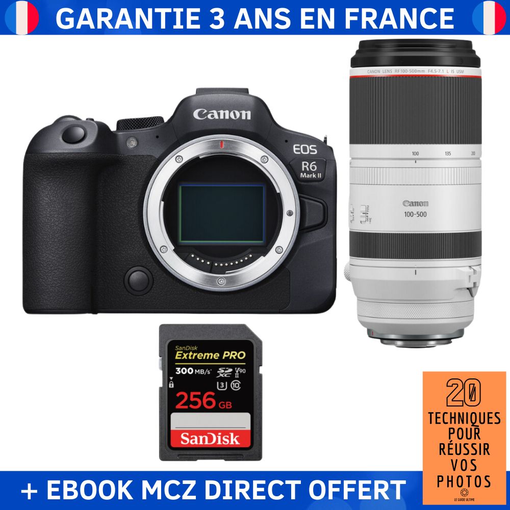 Canon EOS R6 Mark II + RF 100 500mm f4.5 7.1 IS USM + 1 SanDisk Extreme PRO UHS II SDXC 300 MB/ + Ebook '20 Techniques pour Réussir vos Photos' Appareil Photo Hybride