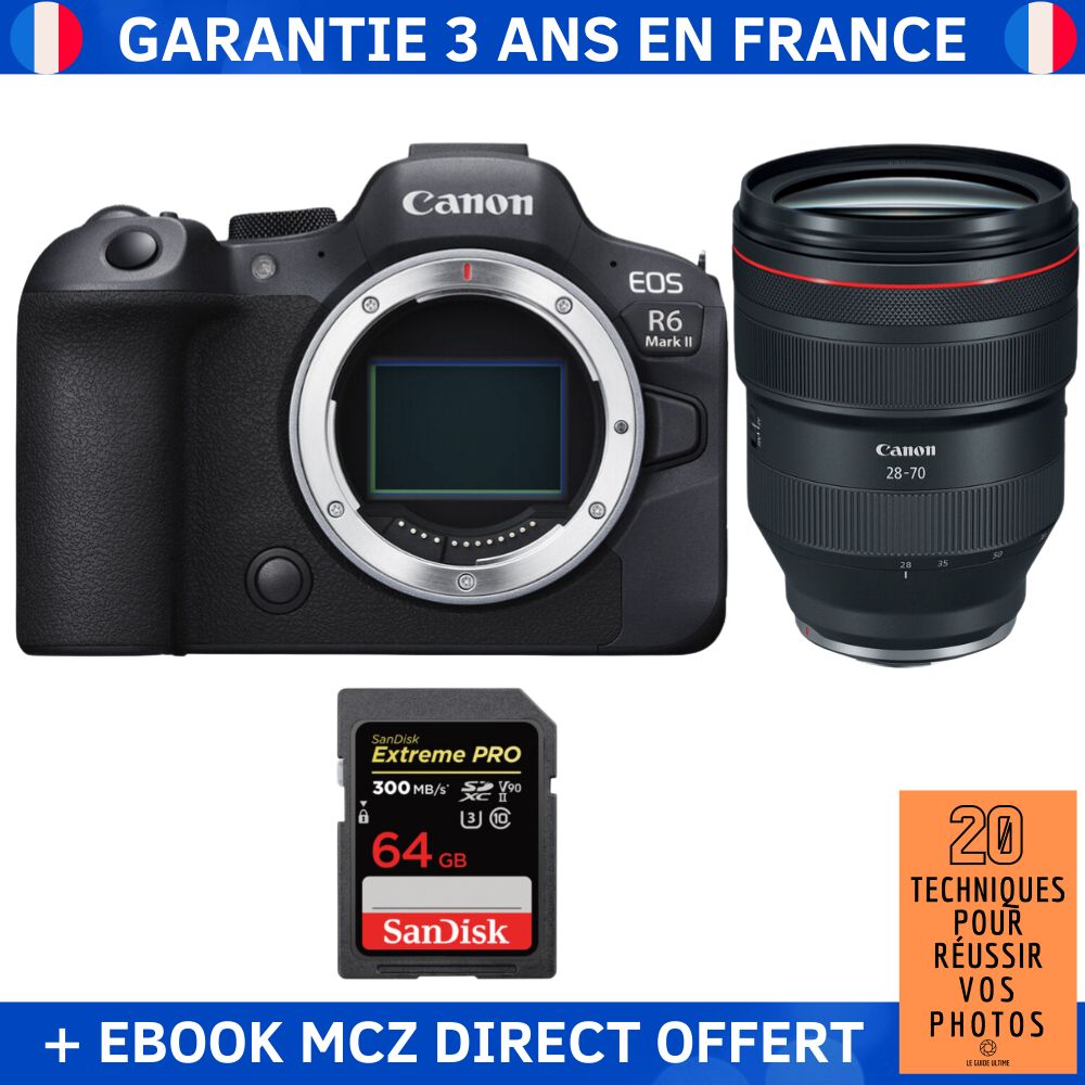 Canon EOS R6 Mark II + RF 28 70mm f2 USM + 1 SanDisk Extreme PRO UHS II SDXC 300 MB/ + Ebook '20 Techniques pour Réussir vos Photos' Appareil Photo Hybride