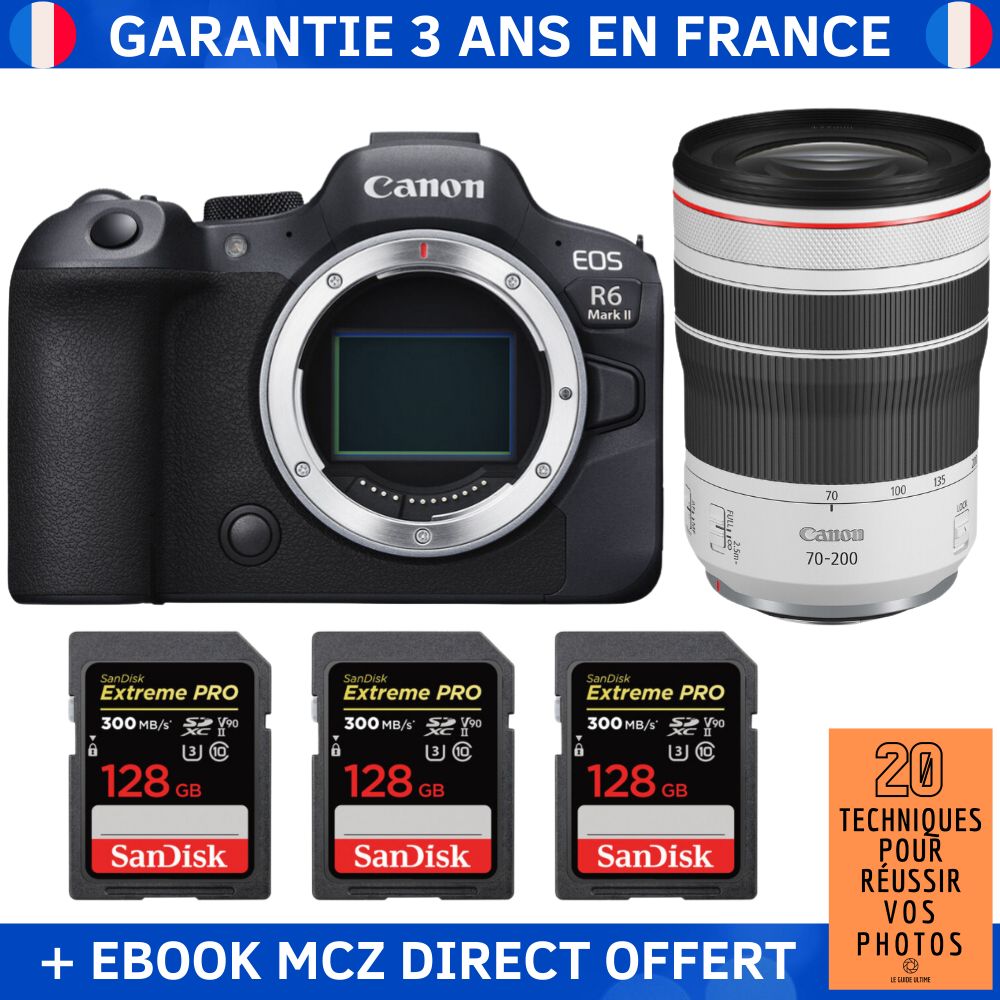 Canon EOS R6 Mark II + RF 70-200mm f/4 L IS USM + 3 SanDisk 128GB Extreme PRO UHS-II SDXC 300 MB/s + Ebook '20 Techniques pour Réussir vos Photos' - Appareil Photo Hybride