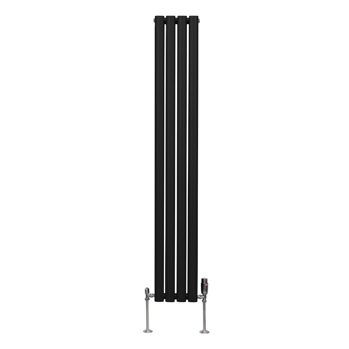 Radiateur à Colonne Ovale 1600 x 240mm & Robinet Thermostatique Chromé, Chauffage Moderne Vertical en Acier au Carbone Noir Mat, Cuisine Salle de Bain [Brosse, Attaches & Supports INCLUS]