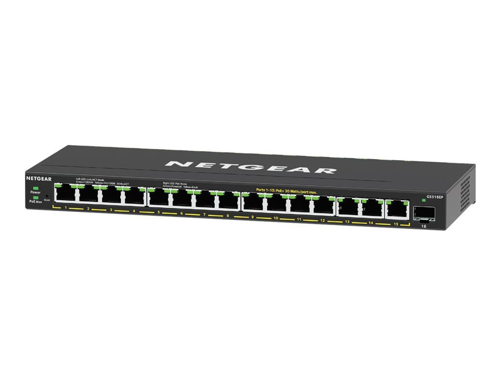 NETGEAR Plus GS316EP - Commutateur - Géré - 15 x 10/100/1000 (PoE+) + 1 x SFP - de bureau, fixation murale - PoE+ (180 W)