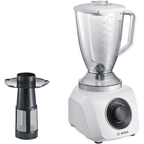 Bosch Mmb21p1w - Blender Smoothiemixx - 500 W - 2 Vitesses + Turbo - Bol Mixeur Plastique 1.5 L - 21 000 Tours/min - Blanc/rouge