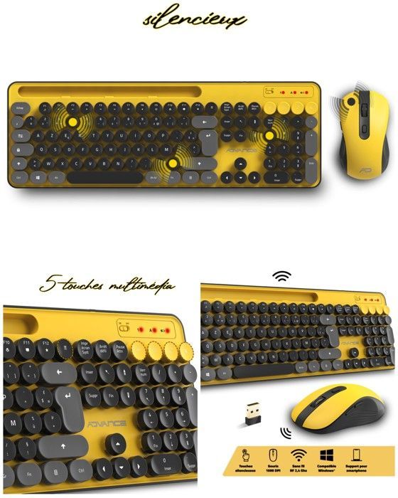 Pack Premium Clavier sans fil + SOURIS sans fil optique Wireless Desktop ADVANCE nano récepteur USB JAUNE ET NOIR