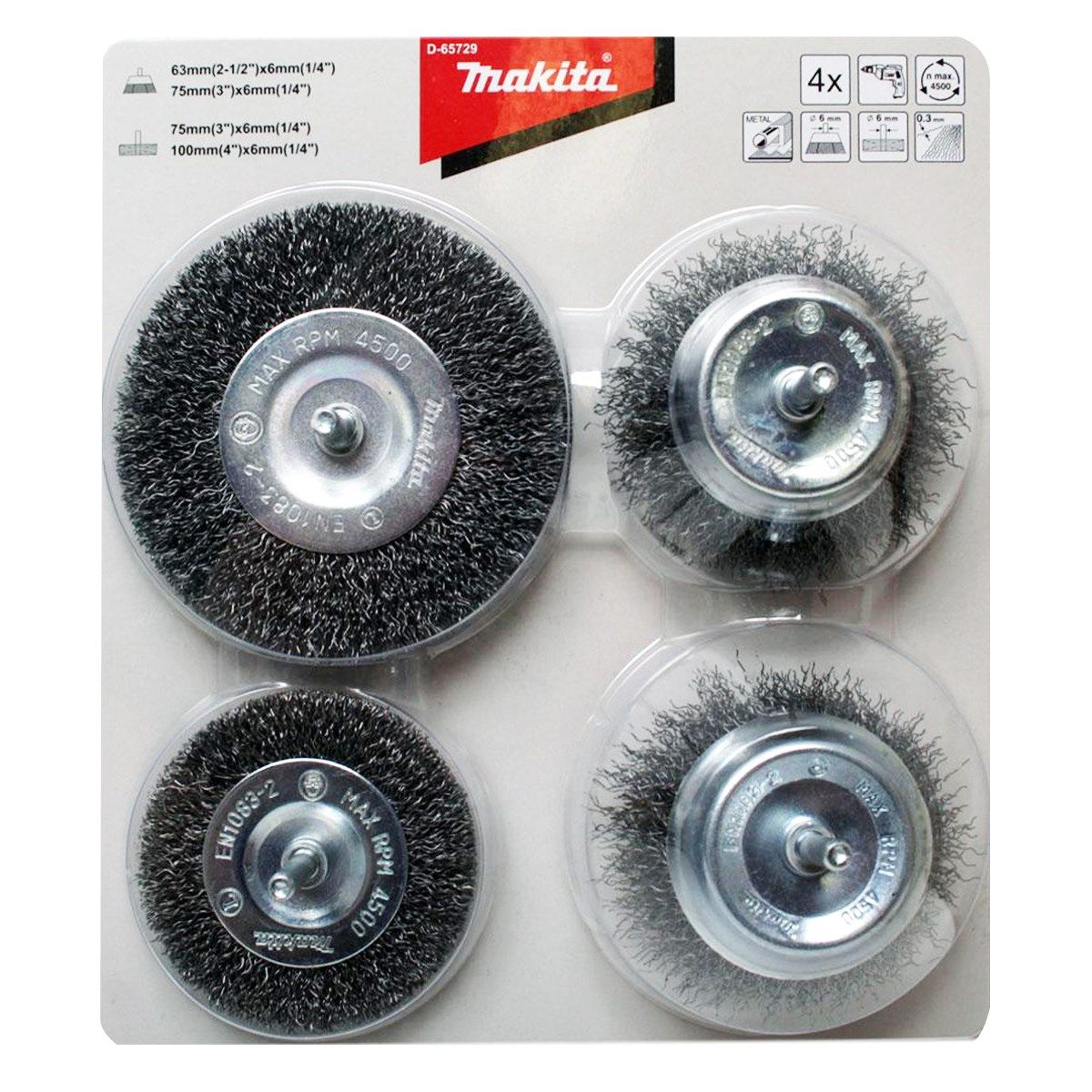Lot de 4 brosses boisseau en acier pour perceuse MAKITA D 65729