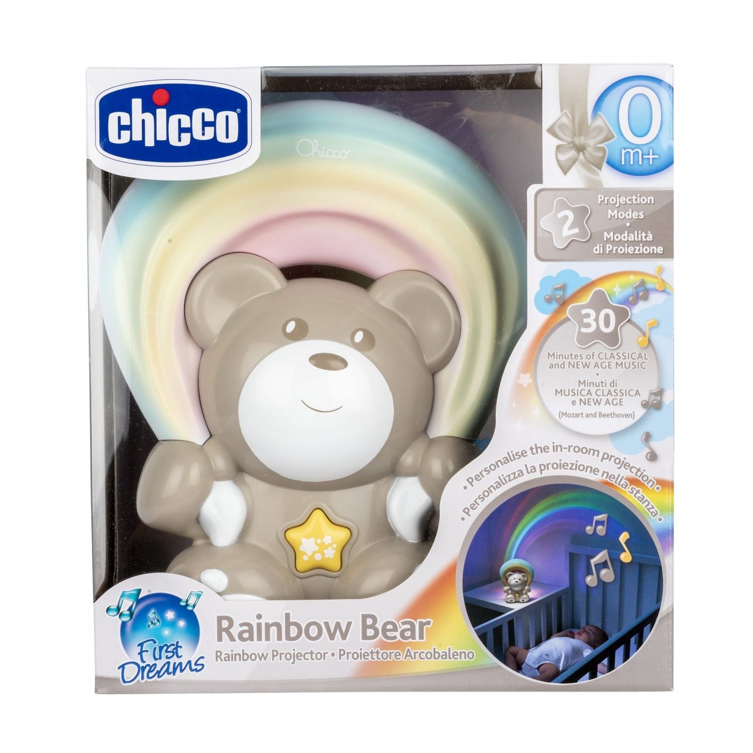 Chicco Projecteur Arc En Ciel Bear Veilleuse pour bébé et enfant en bas âge ours peluche avec musique relaxante et projection d'arc en ciel avec largeur et direction réglable bébé plus