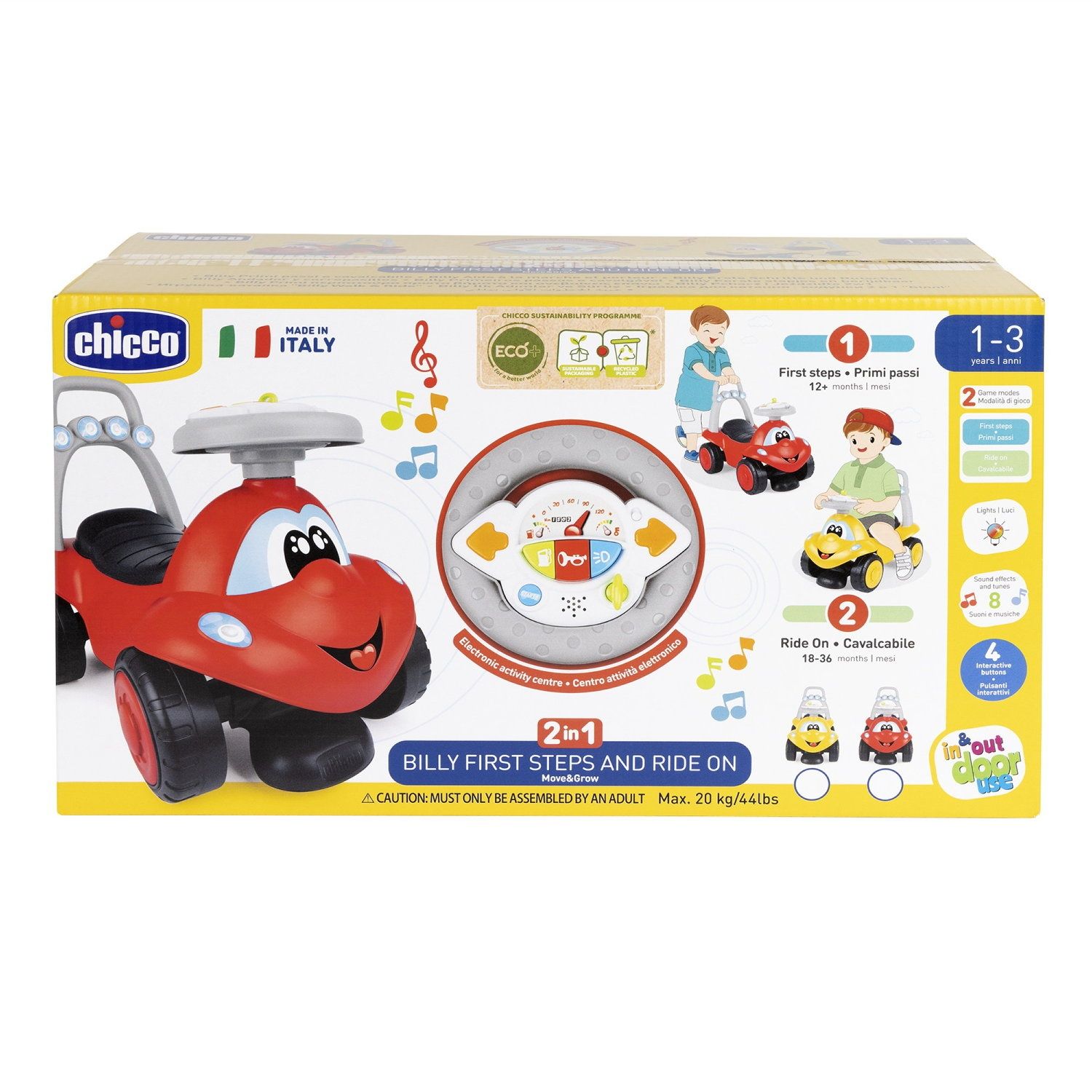 Chicco Porteur Billy 2 en 1 ECO+ premiers pas trotteur et porteur 2 en 1 assemblage facile guidon ergonomique roues larges avec sons et lumières de conduite plastique recyclé 12 Jaune - vue 2