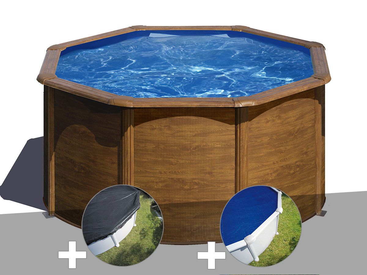 Kit piscine acier aspect bois Gré Pacific ronde 2,60 x 1,22 m + Bâche d'hivernage + Bâche à bulles