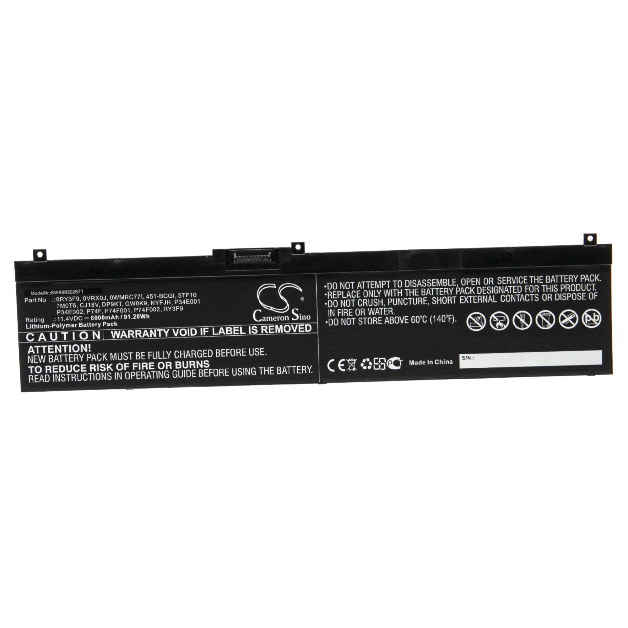 vhbw Batterie compatible avec Dell Precision 7330, 7530, 7540, 7730, 7M0T6, CJ18V, DP9KT ordinateur portable Notebook (8000mAh, 11,4V, Li-polymère)