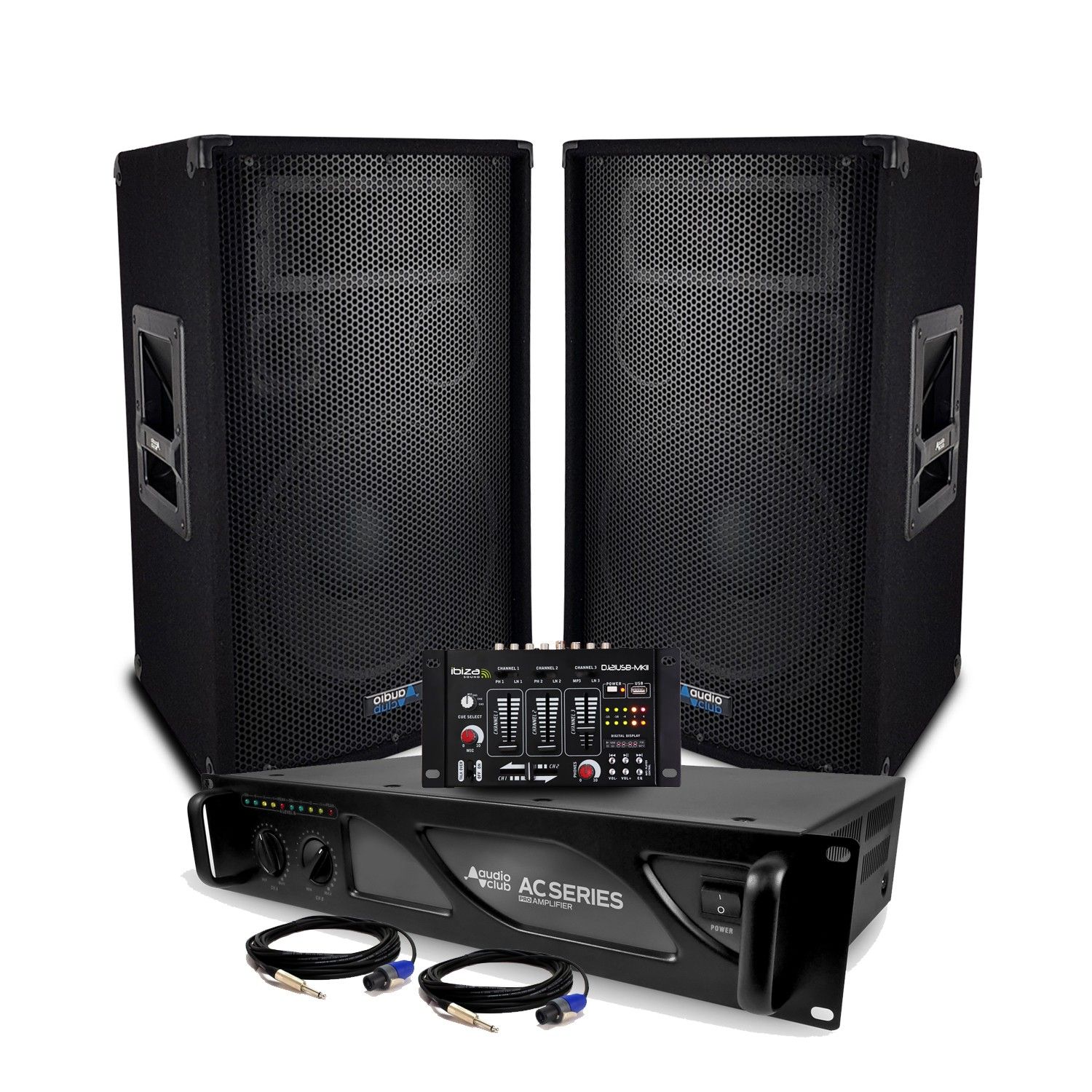 Pack Sonorisation - AUDIO CLUB 1020 DJ Enceinte 10" 800W + Amplificateur 2000W - Table de mixage IBIZA USB