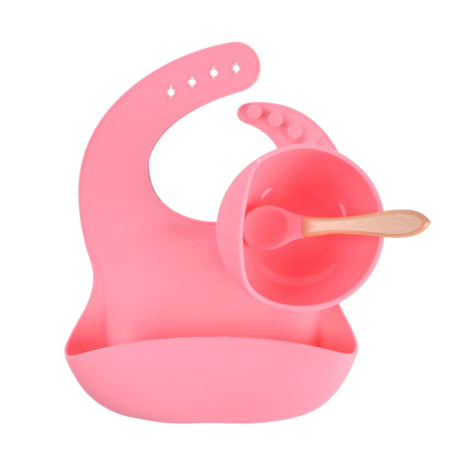  - 3x Fournitures D'alimentation Pour Bébé Avec Cuillères, Bavoir En Silicone Et Bol Pour Bébé En Silicone Rose