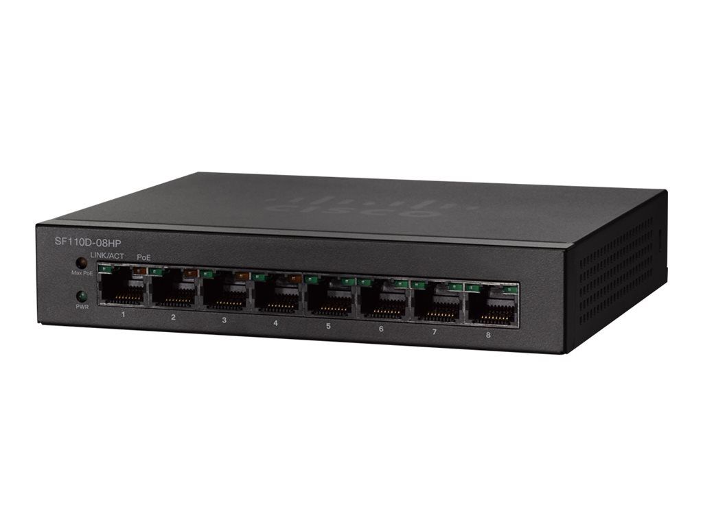 Cisco Small Business SF110D 08HP Commutateur non géré 4 x 10100 PoE + 4 x 10100 de bureau fixation murale PoE Tension CC - vue 2