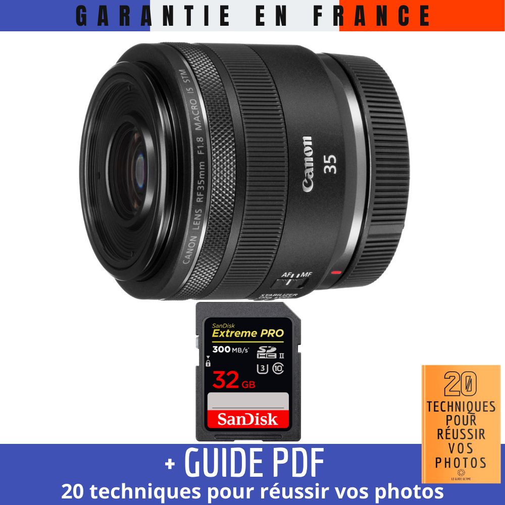 Canon RF 35mm f1.8 Macro IS STM + 1 SanDisk UHS II 300 MB/ + Guide PDF '20 TECHNIQUES POUR RÉUSSIR VOS PHOTOS