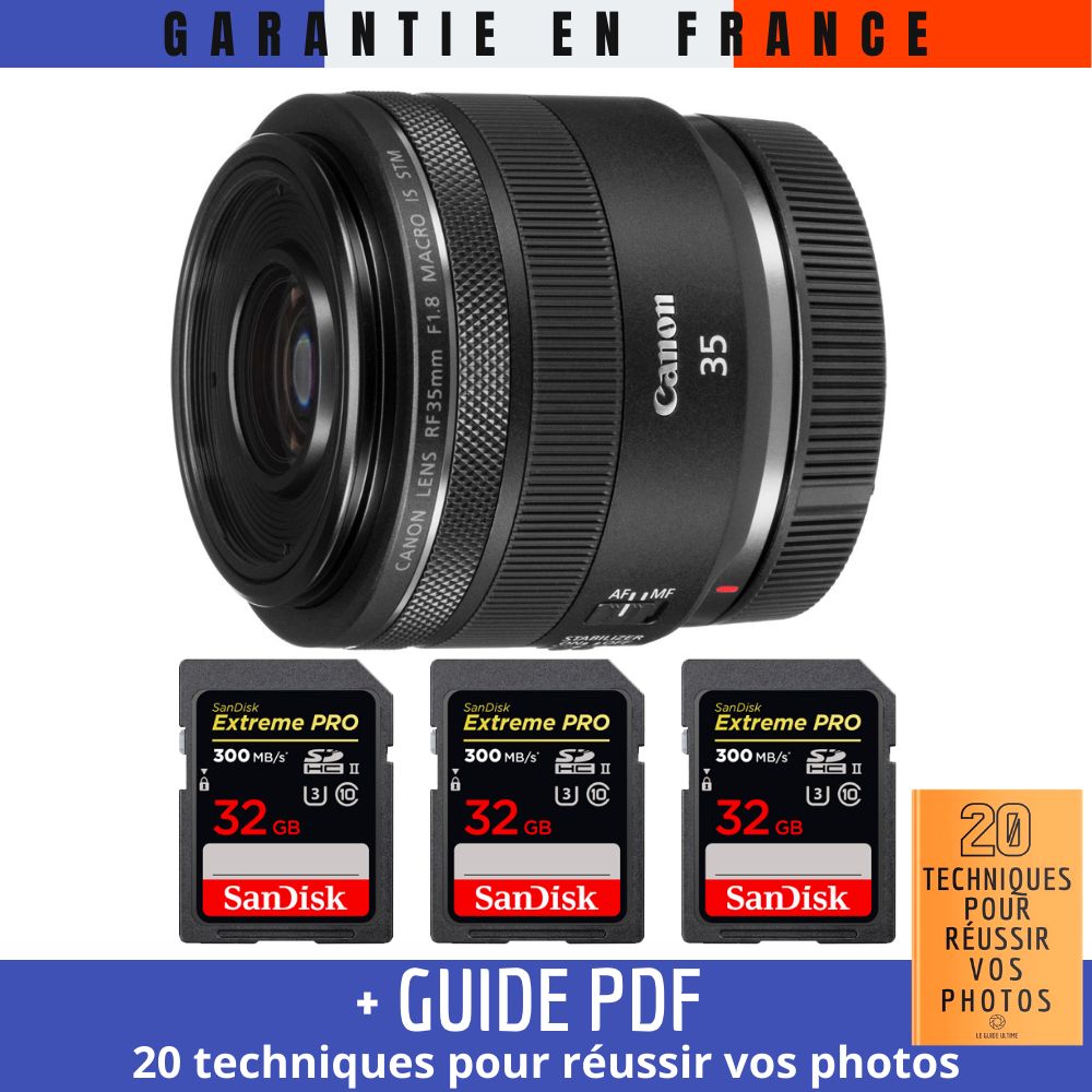 Canon RF 35mm f1.8 Macro IS STM + 3 SanDisk UHS II 300 MB/ + Guide PDF '20 TECHNIQUES POUR RÉUSSIR VOS PHOTOS