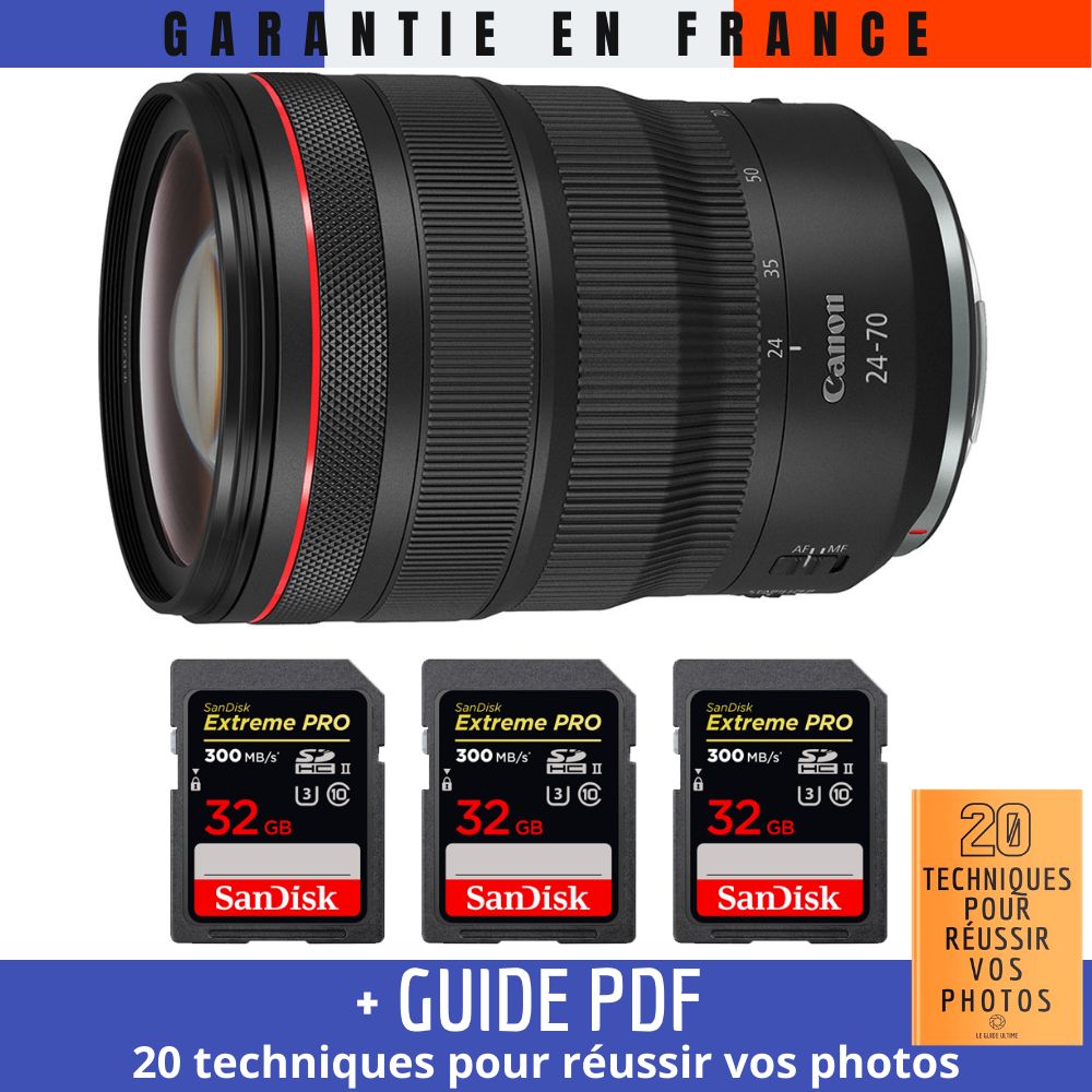 Canon RF 24 70 mm f/ IS USM + 3 SanDisk Extreme PRO UHS II 300 MB/ + Guide PDF '20 TECHNIQUES POUR RÉUSSIR VOS PHOTOS