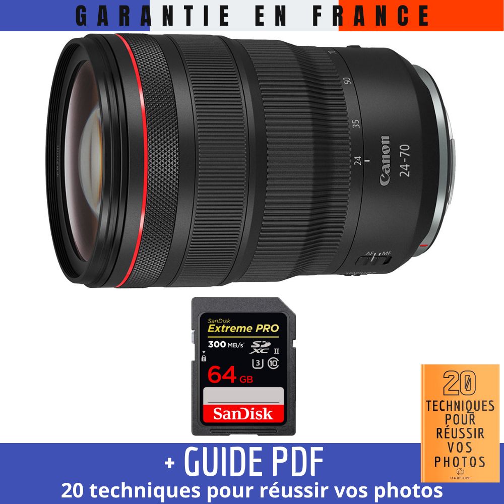 Canon RF 24 70 mm f/ IS USM + 1 SanDisk Extreme PRO UHS II 300 MB/ + Guide PDF '20 TECHNIQUES POUR RÉUSSIR VOS PHOTOS