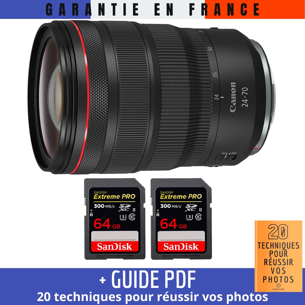 Canon RF 24 70 mm f/ IS USM + 2 SanDisk Extreme PRO UHS II 300 MB/ + Guide PDF '20 TECHNIQUES POUR RÉUSSIR VOS PHOTOS