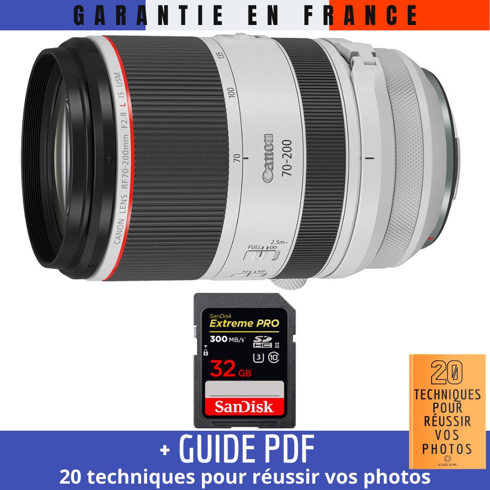 Canon RF 70 200 mm f/ IS USM + 1 SanDisk UHS II 300 MB/ + Guide PDF '20 TECHNIQUES POUR RÉUSSIR VOS PHOTOS