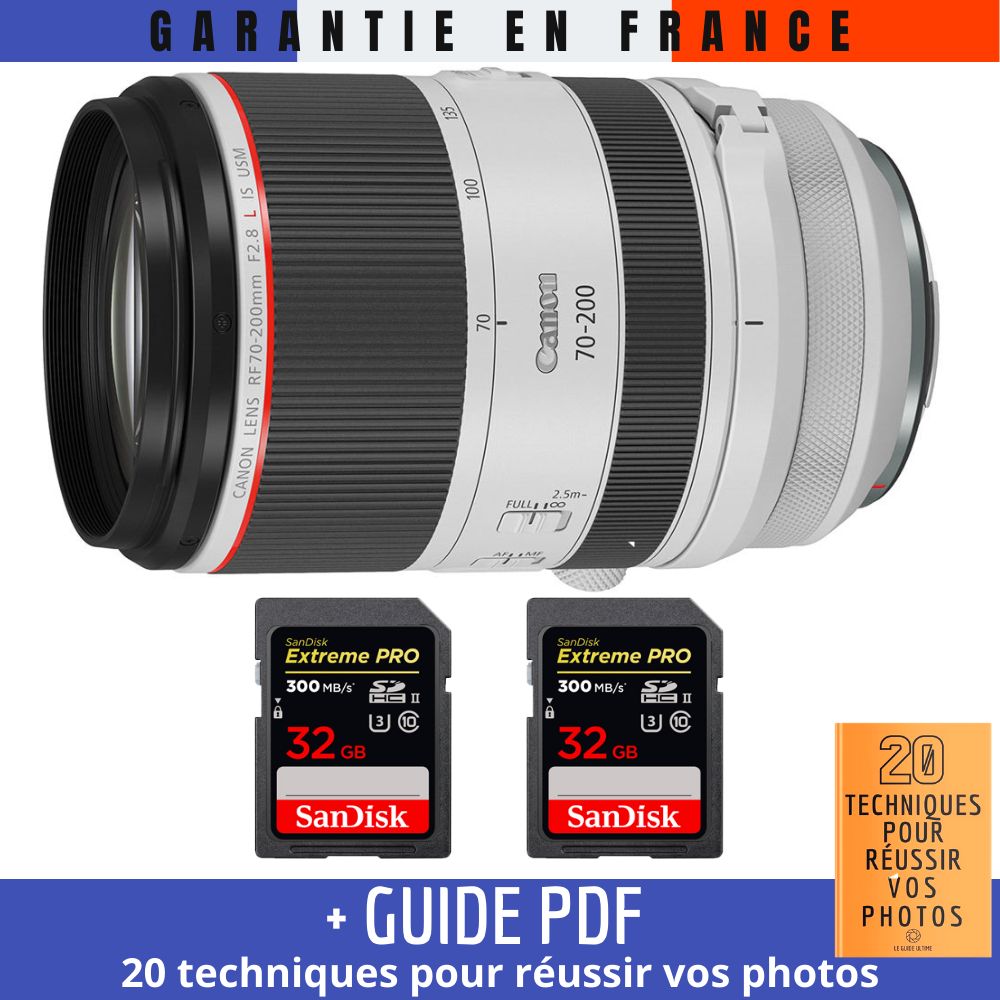 Canon RF 70 200 mm f/ IS USM + 2 SanDisk UHS II 300 MB/ + Guide PDF '20 TECHNIQUES POUR RÉUSSIR VOS PHOTOS
