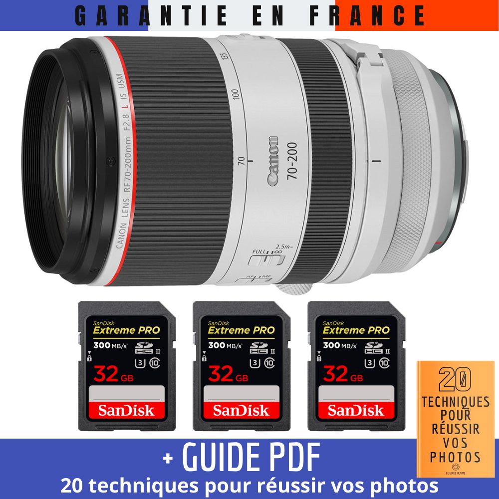 Canon RF 70 200 mm f/ IS USM + 3 SanDisk UHS II 300 MB/ + Guide PDF '20 TECHNIQUES POUR RÉUSSIR VOS PHOTOS