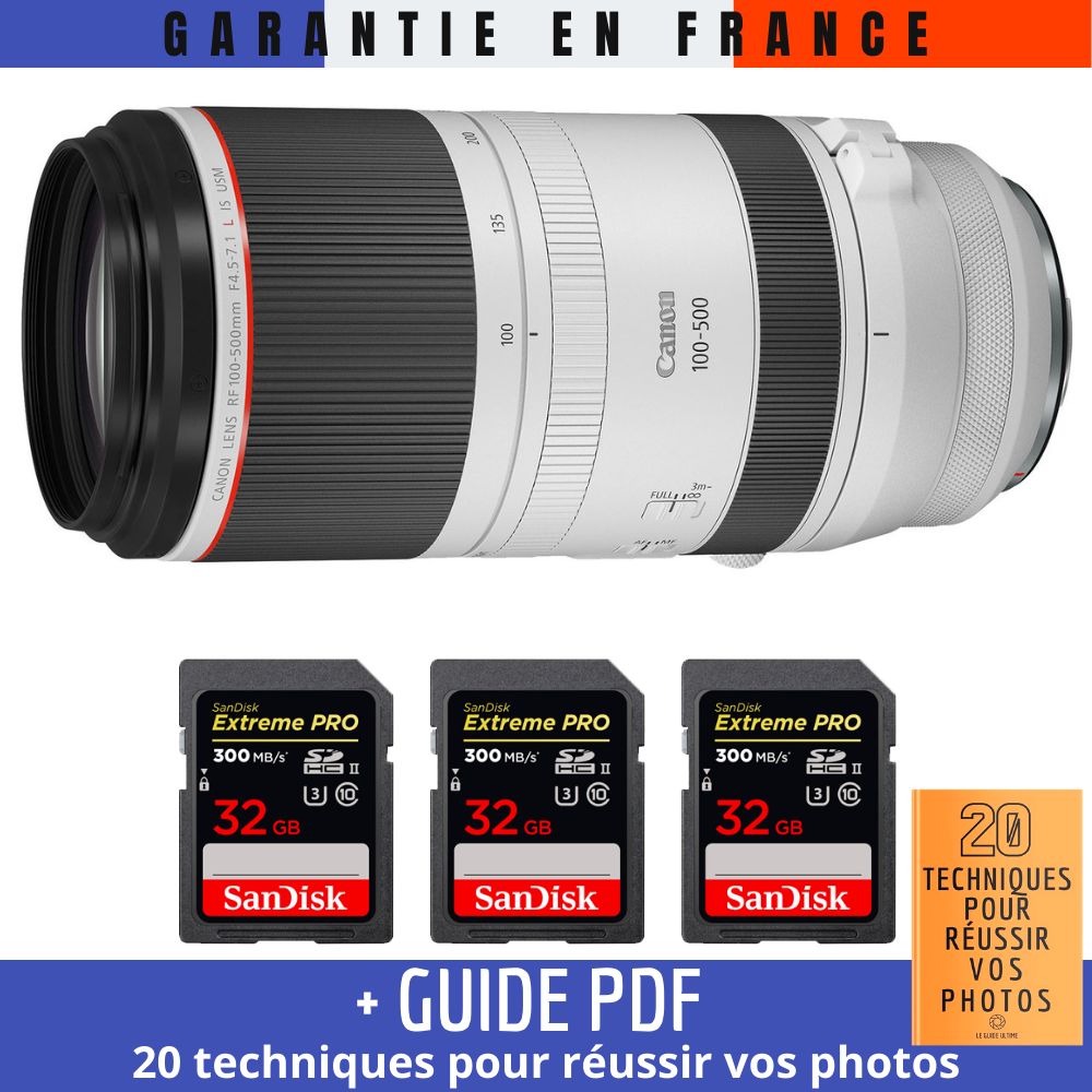 Canon RF 100 500mm f4.5 IS USM + 3 SanDisk UHS II 300 MB/ + Guide PDF '20 TECHNIQUES POUR RÉUSSIR VOS PHOTOS