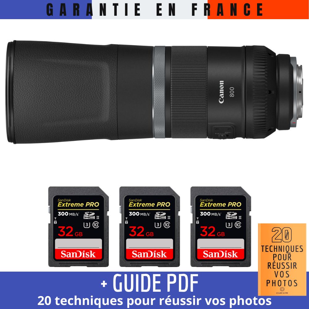 Canon RF 800mm f11 IS STM + 3 SanDisk UHS II 300 MB/ + Guide PDF '20 TECHNIQUES POUR RÉUSSIR VOS PHOTOS