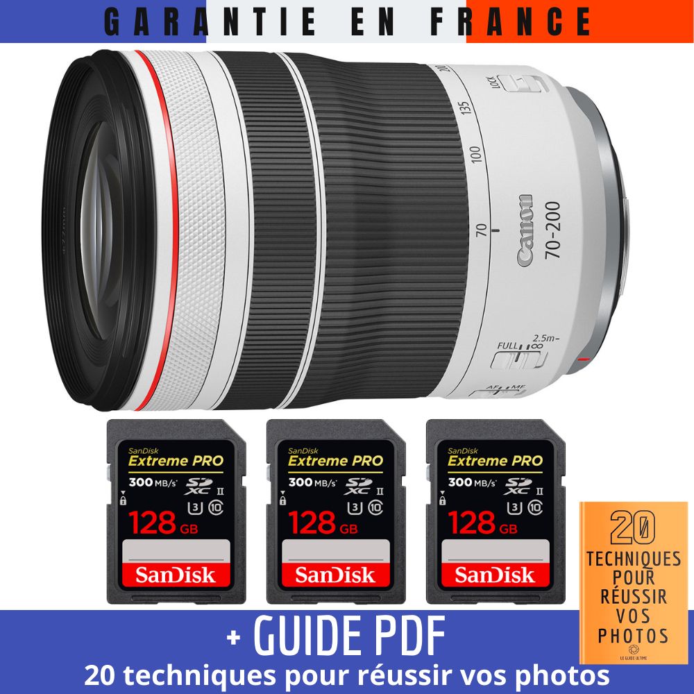 Canon RF 70 200mm f/ IS USM + 3 SanDisk UHS II 300 MB/ + Guide PDF '20 TECHNIQUES POUR RÉUSSIR VOS PHOTOS