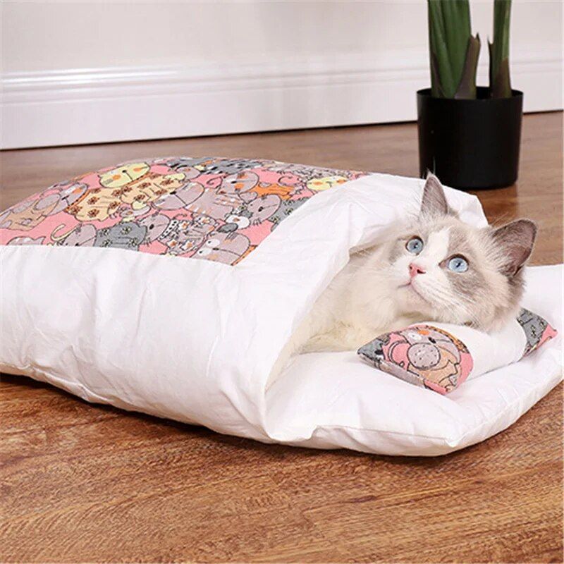 Sac De Couchage Chaud Pour Animaux De Compagnie,Lit Pour Chat Japonais,Sommeil Profond,Maison Pour Chien,Accent De Chat,Coussin Avec Oreiller,Parfait Pour L'hiver - Type B-Pink Cat-S #A