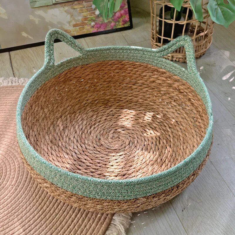 Nid D'animal De Compagnie En Rotin Pur Et Lavable,Lit Pour Chat,Tissé Manuellement,Herbe De Chat,Planche À Gratter,Coussin Chaud Pour L'hiver,Toutes Saisons - Type B-Basic Style-L(46cm)