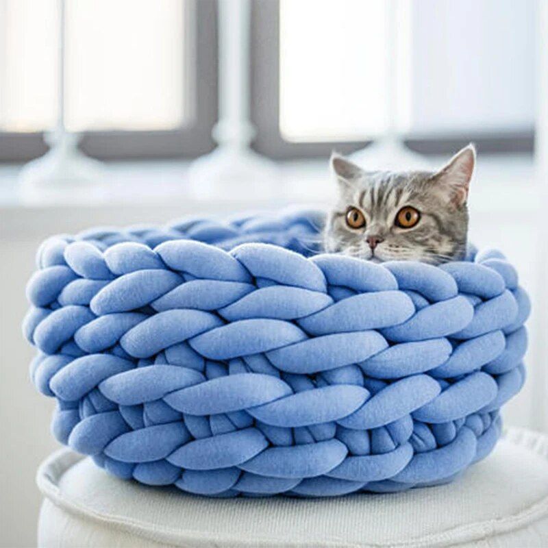 Coussin Rond En Polymère Doux Tissé À La Main Pour Animaux De Compagnie,Panier De Couchage Chaud,Accent Shaggy D'intérieur,Chenil Pour Petit Chien Et Chat, - Type Blue-40cm
