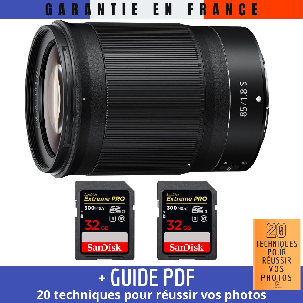 Nikon Z 85mm f/1.8 S + 2 SanDisk 32GB UHS-II 300 MB/s + Guide PDF ""20 TECHNIQUES POUR RÉUSSIR VOS PHOTOS
