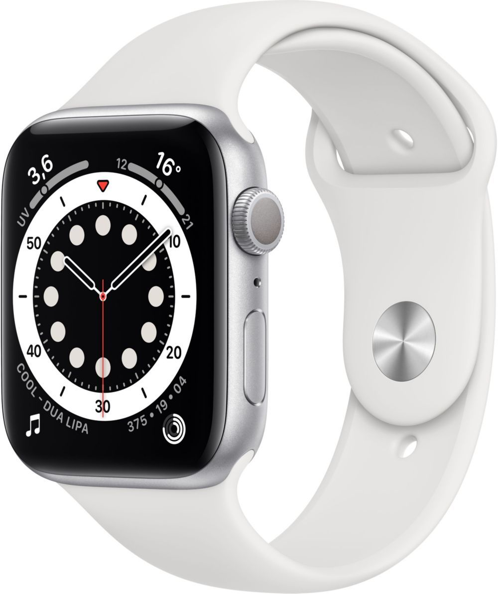 Apple Watch Series 6 (GPS) - Boitier 44 mm aluminium argent avec bracelet sport blanc