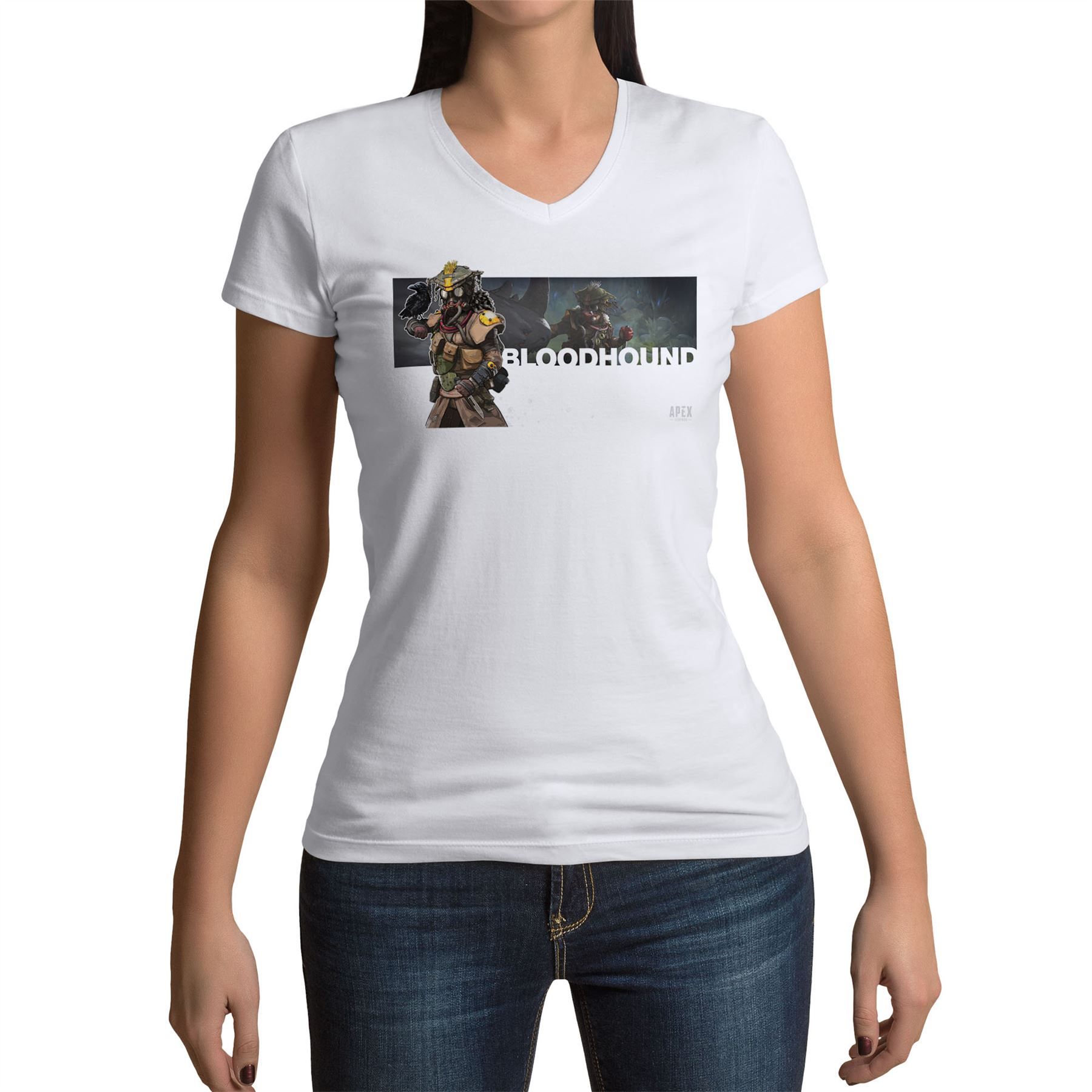 T-Shirt Femme Col V Apex Legends Bloodhound Battle Royale Jeux Video Masque