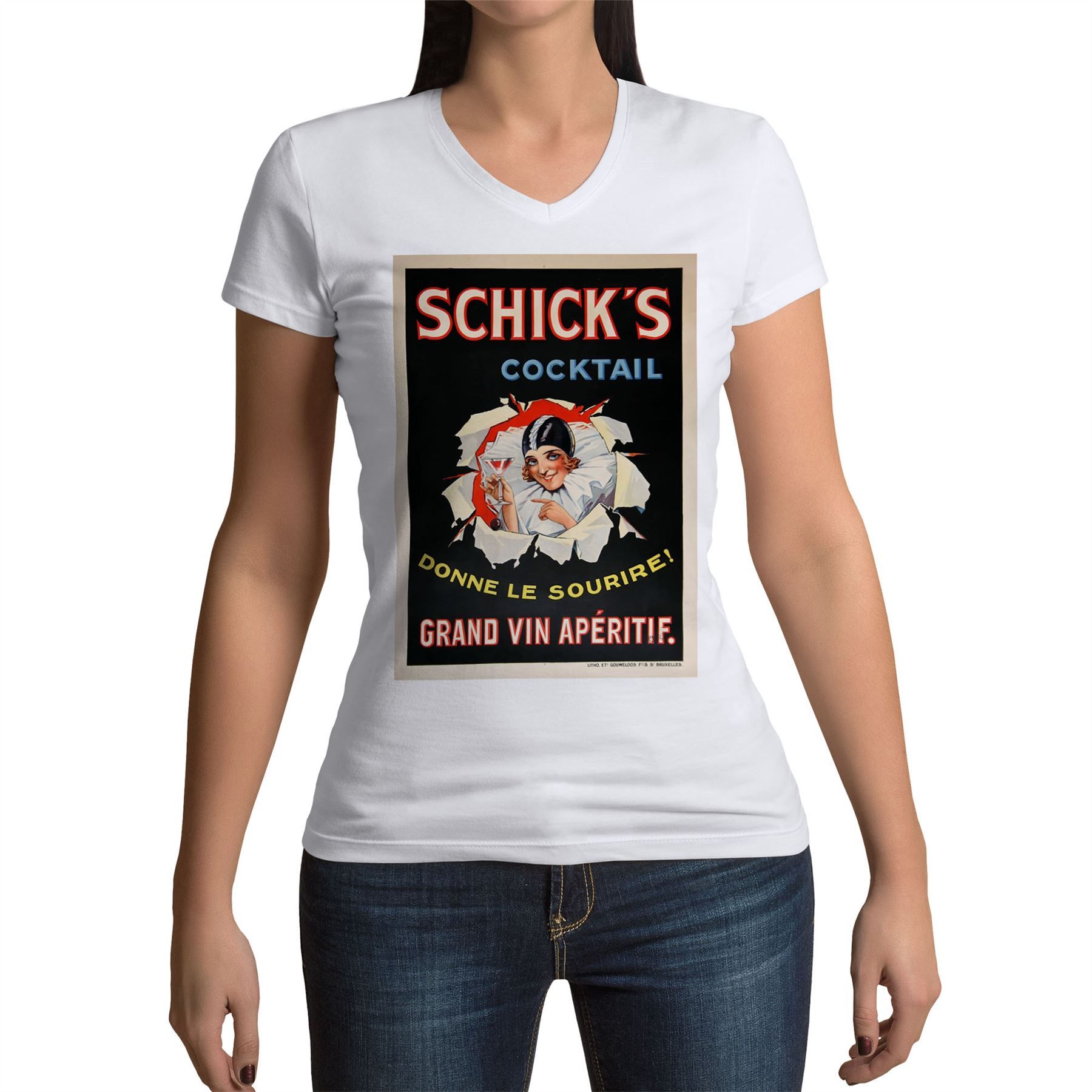 T-Shirt Femme Col V Shick's Cocktail Art Deco Affiche Publicitaire Ancienne Vintage