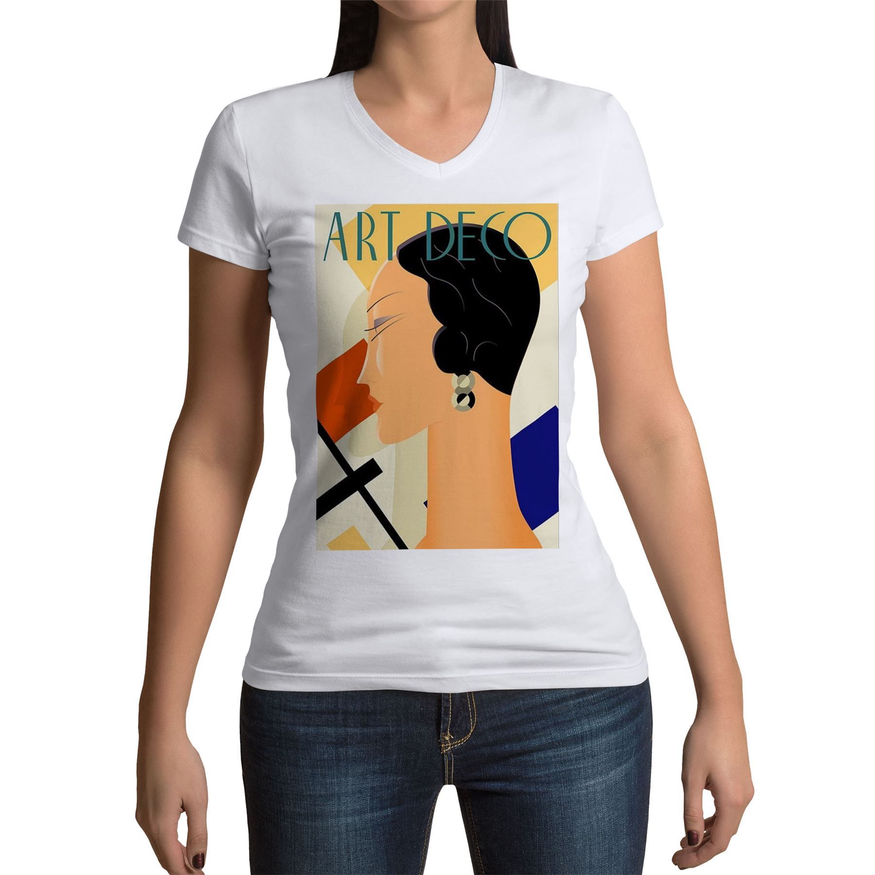 T-Shirt Femme Col V Art Deco Affiche D'epoque Annees 20 Mode Vintage