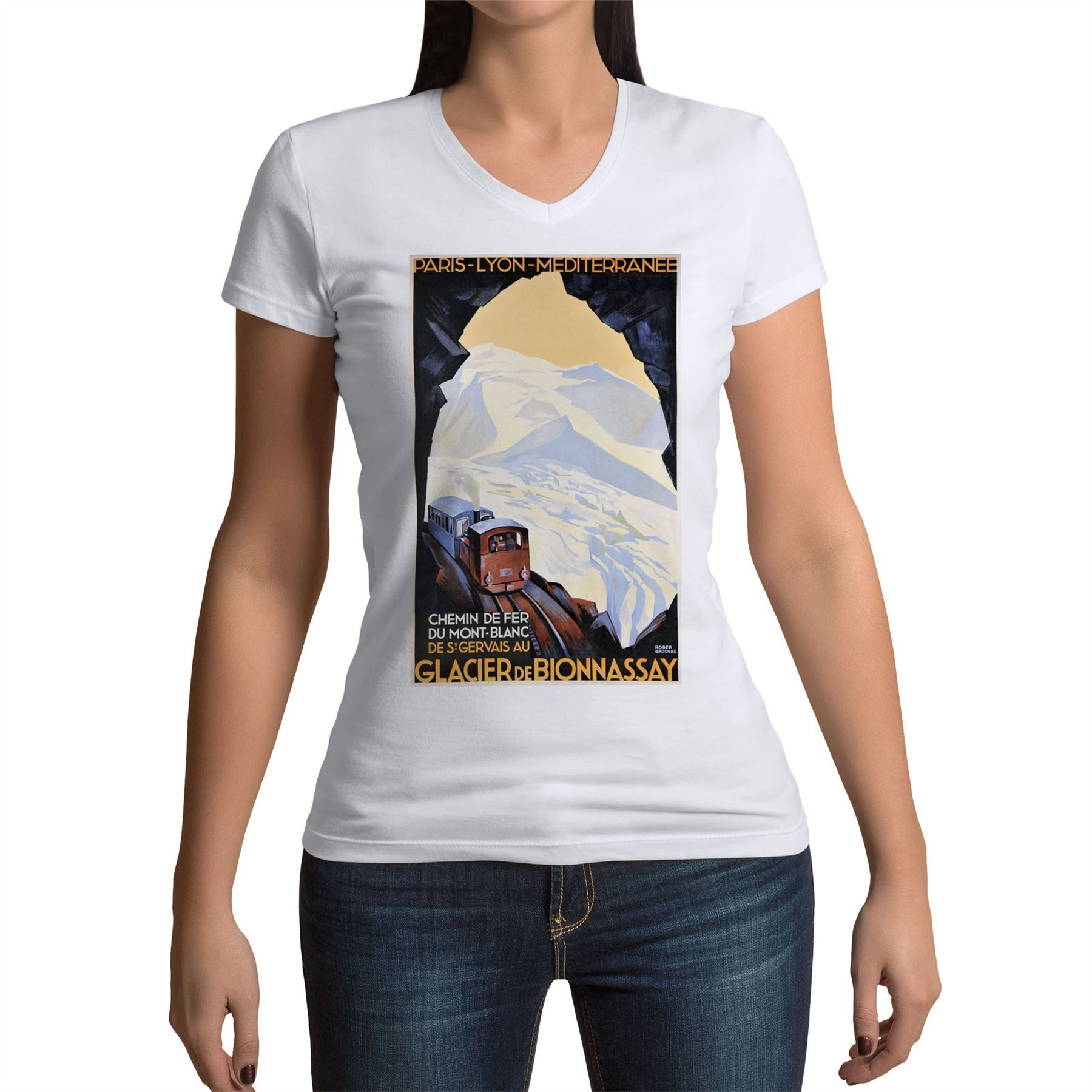 T-Shirt Femme Col V Train Mont Blanc Montagnes Affiche Poster Vintage Tourisme Art Deco