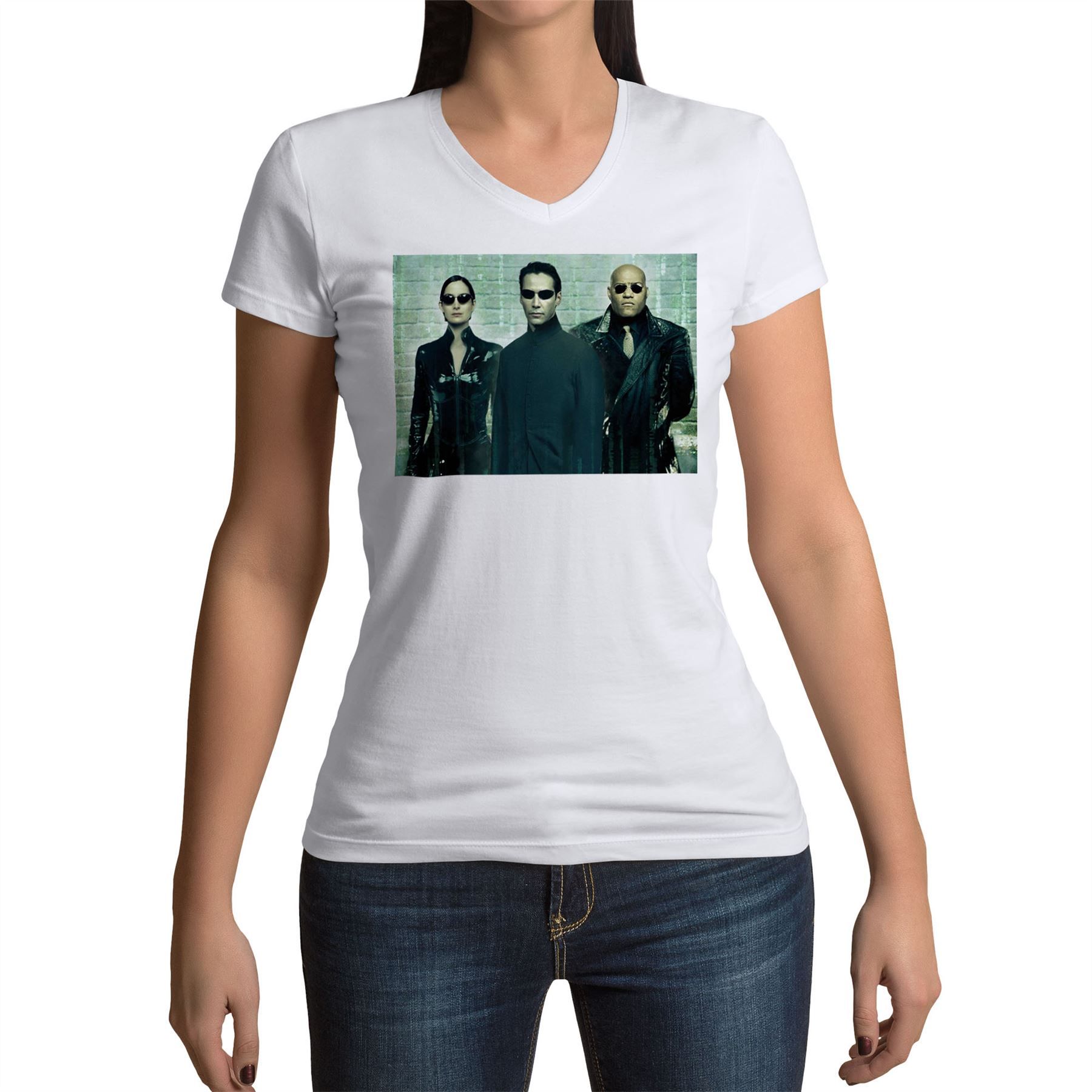 T-Shirt Femme Col V Matrix Reloaded Keanu Reeves Neo Trinity Morpheus Cinema