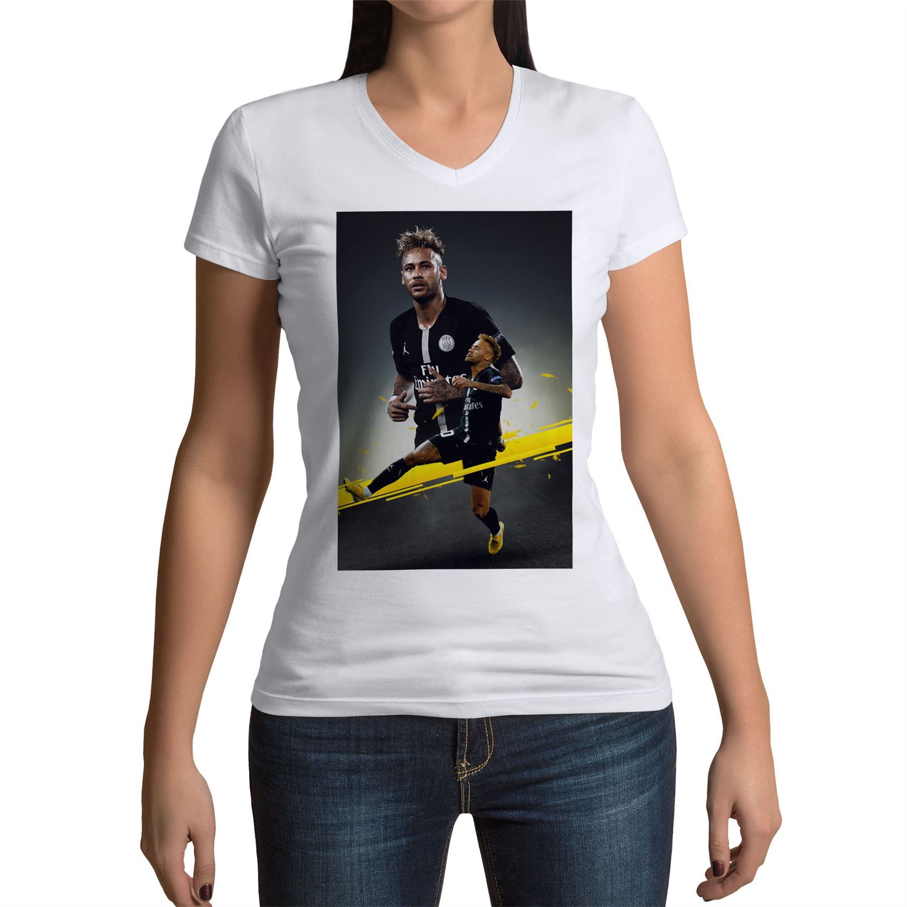 T-Shirt Femme Col V Neymar Celebration But Paris Football Bresil Star Maillot Noir