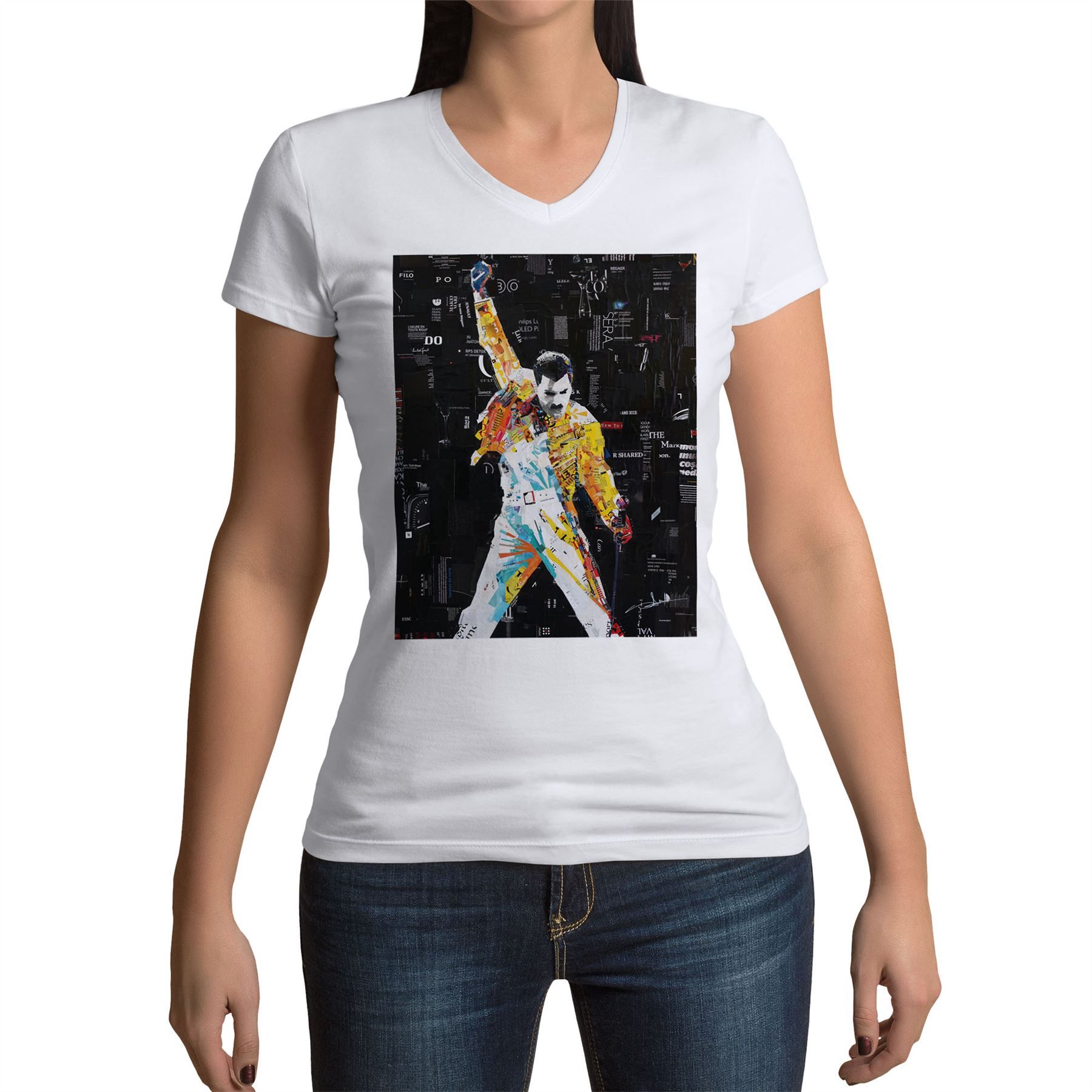 T-Shirt Femme Col V Freddie Mercury Collage De Magazines De Mode Pop-Art