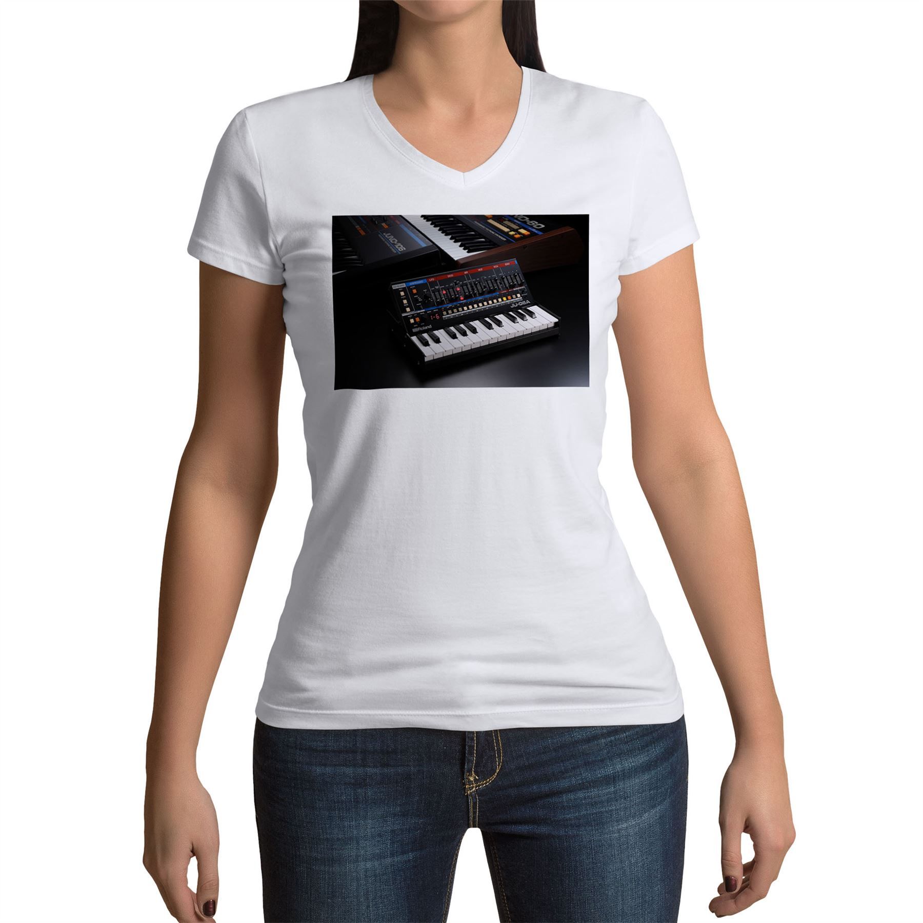 T-Shirt Femme Col V Vintage Synth Roland Juno Series Synthetizer Analog Pub