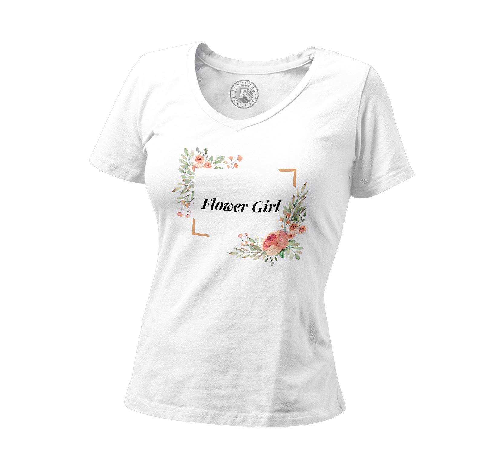 T-Shirt Femme Col V Flower Girl Mariage Fiancée Cadre Floral