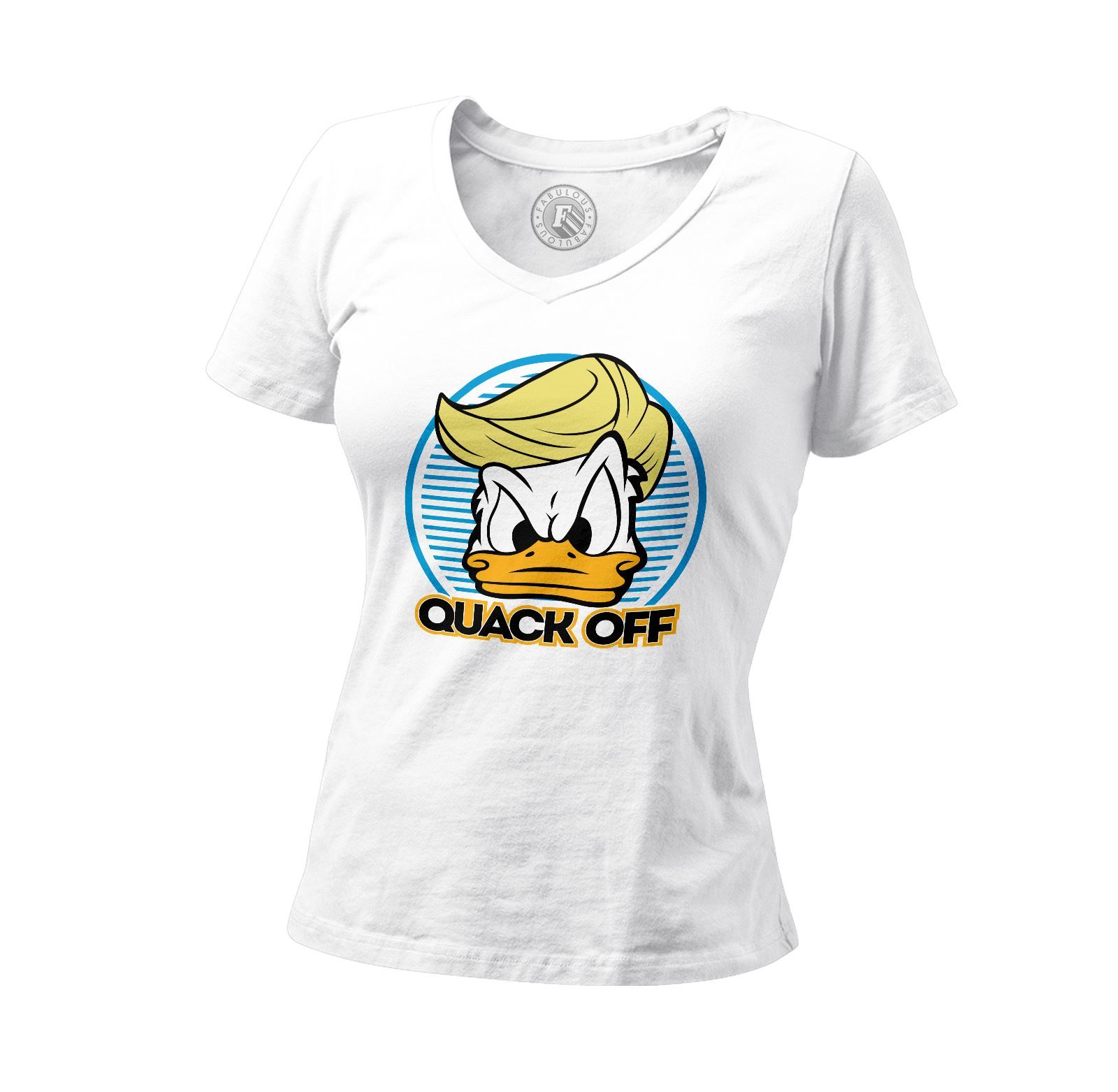 T-Shirt Femme Col V Donald Trump - Quack Off Parodie Film Président Anime