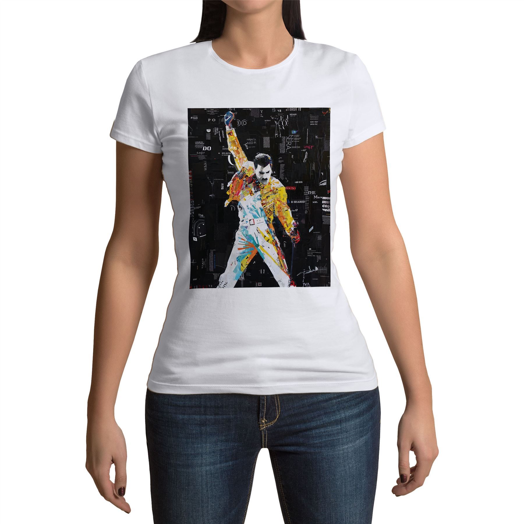 T-Shirt Femme Col Rond Freddie Mercury Collage De Magazines De Mode Pop-Art