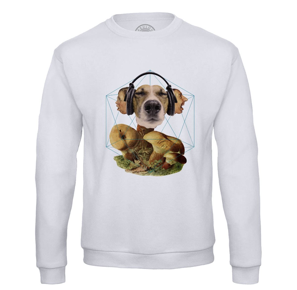 Sweat Shirt Homme Chien Casque Audio Collage Art Surréalisme Vintage Champignon