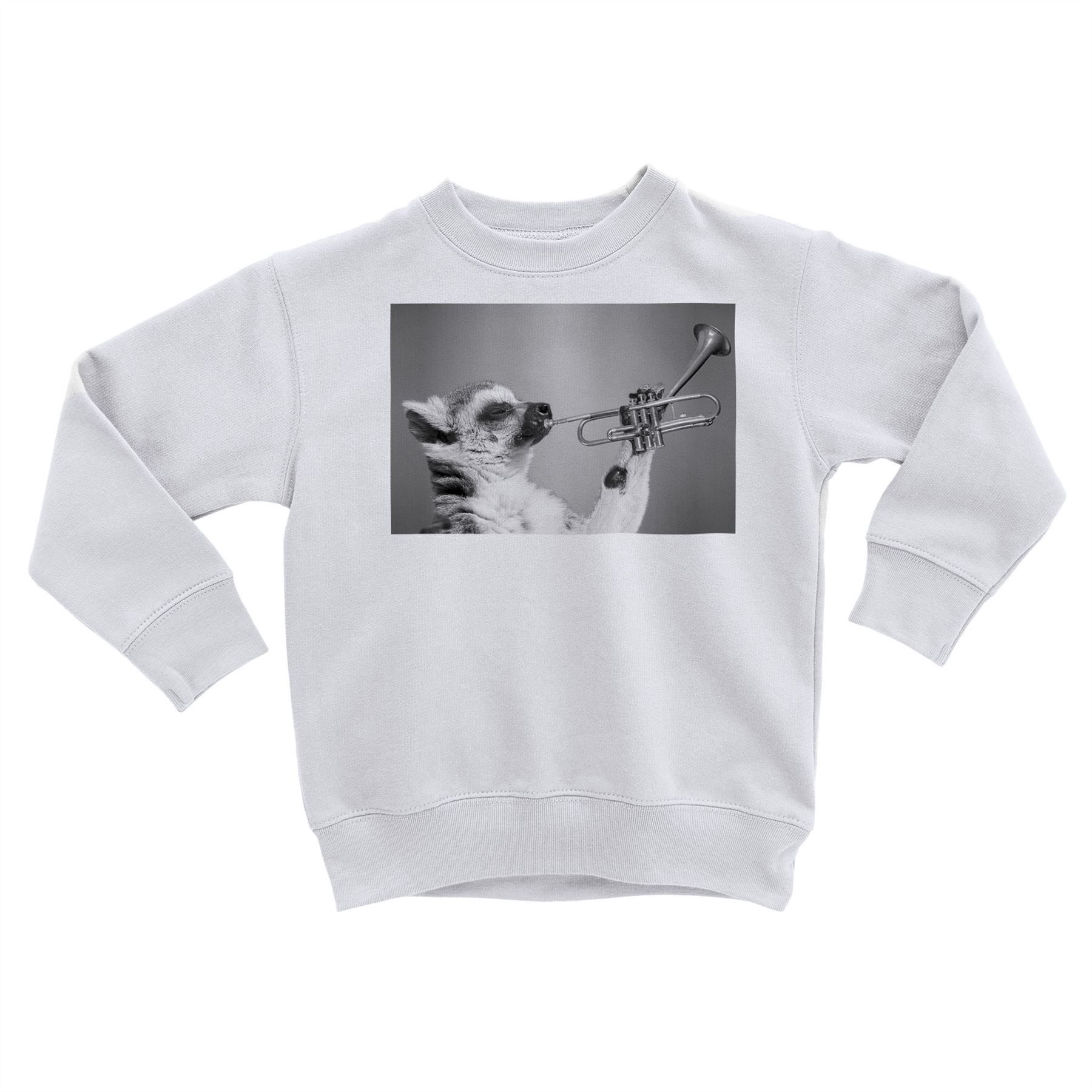 Sweatshirt Enfant Lémurien Jouant De La Trompette Mignon Drôle Noir Et Blanc