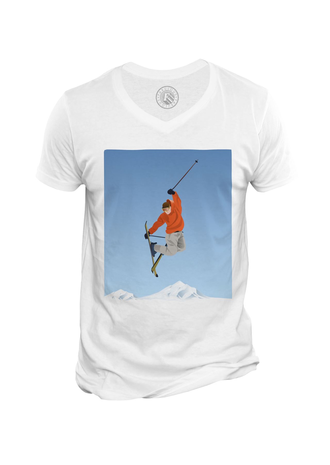 T-Shirt Homme Col V Freestyle Ski Acrobatique Dessin Saut A Ski