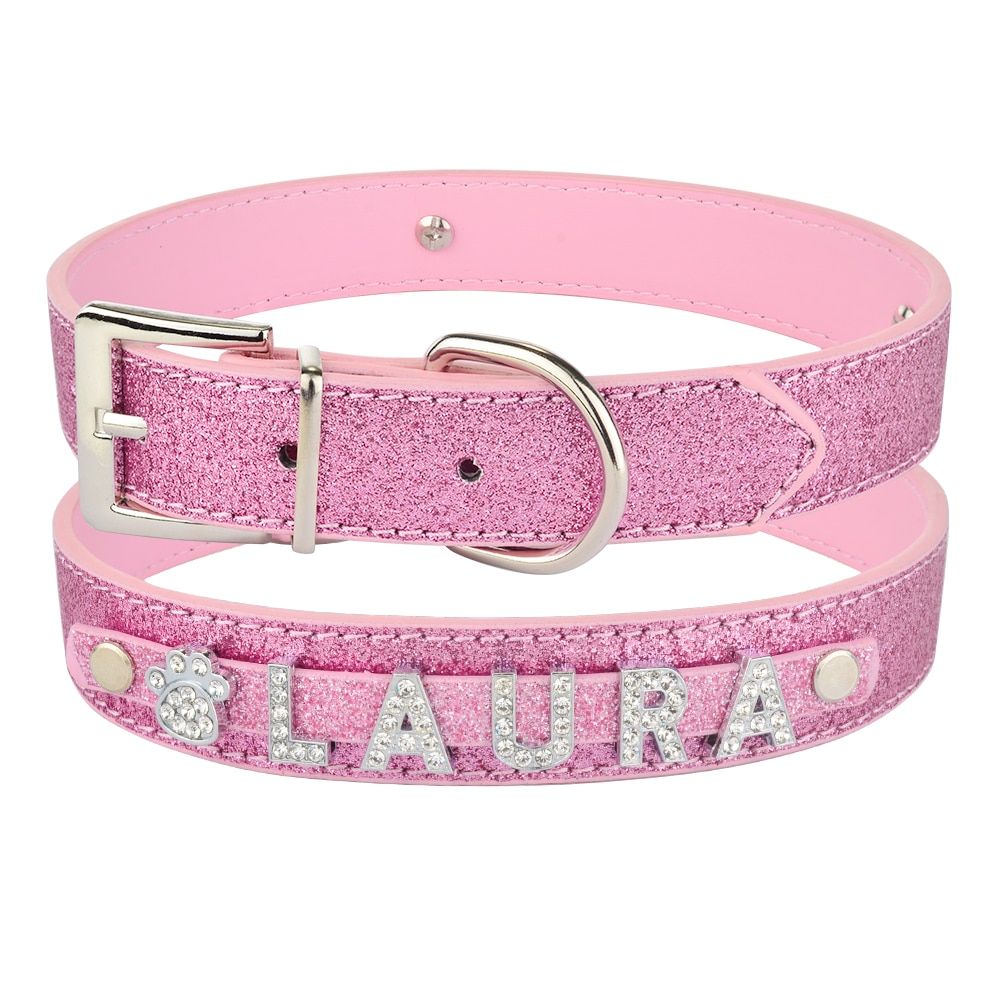 Rose-Xs 20-27cm -Airuidog Collier En Faux Cuir Pour Chiens Et Chats, Collier En Strass Scintillant Personnalisé, Pour Petits Animaux