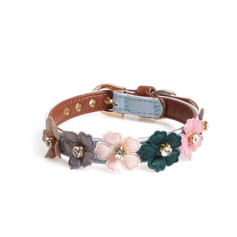 Bleu-S(1.3x34cm) -Collier Pour Chat En Cuir Pu Ajustable, Avec Fleurs De Marguerite Et Strass Scintillant Cristal Pour Chaton Et Pet