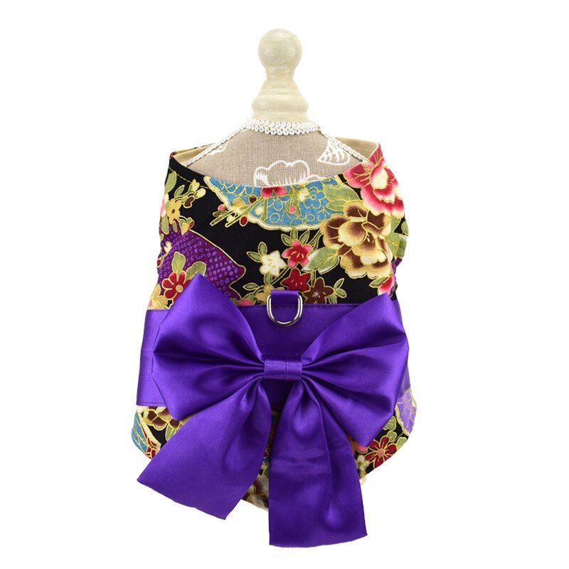 Purple Bowknot-L -Ensemble De Harnais Et De Laisse Respirant Pour Chien, Kimono De Style Japonais Avec N¿Ud Papillon Et Fleurs De Ce