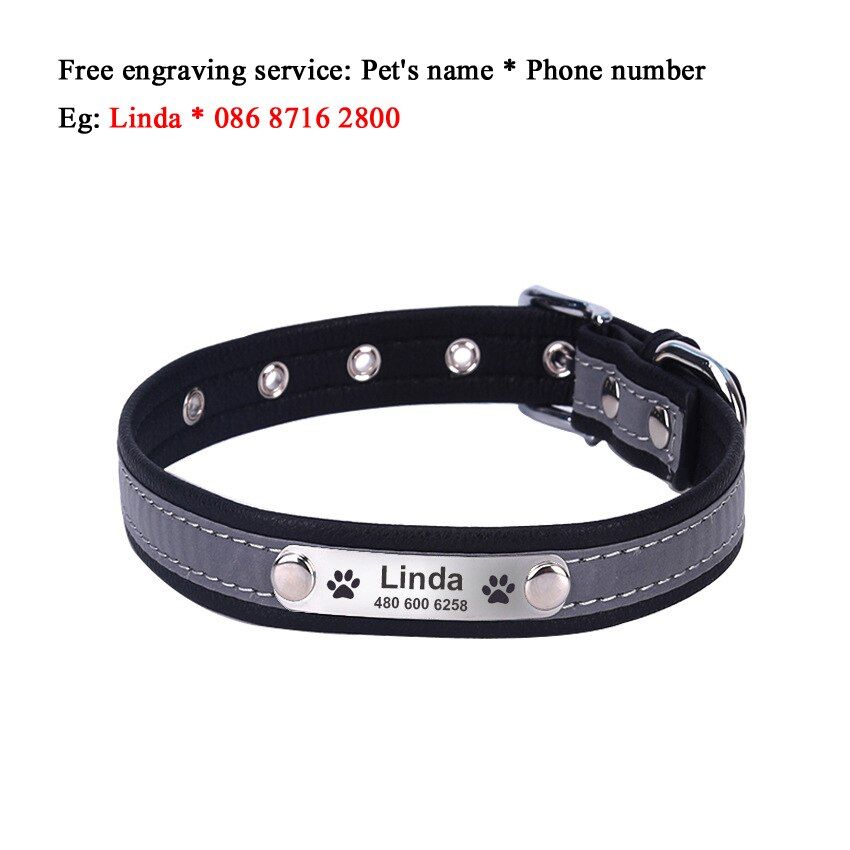 Black-Xxl Neck 46-56 Cm -Collier De Chien Personnalisé Réfléchissant En Cuir Collier De Chat Pour Animaux De Compagnie Id Étiquette